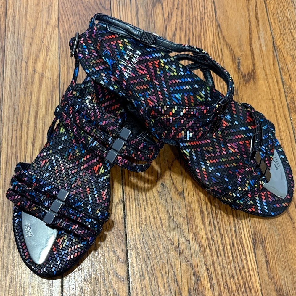 Stuart Weitzman black multicolor suede mini wedge sandals strap 5